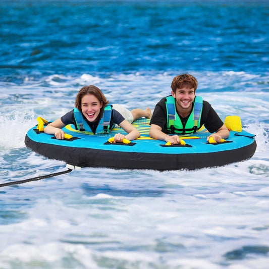 3-person inflatable towable boat tube in blue with yellow handles, two riders on the water on Tampa Home & Garden Store
