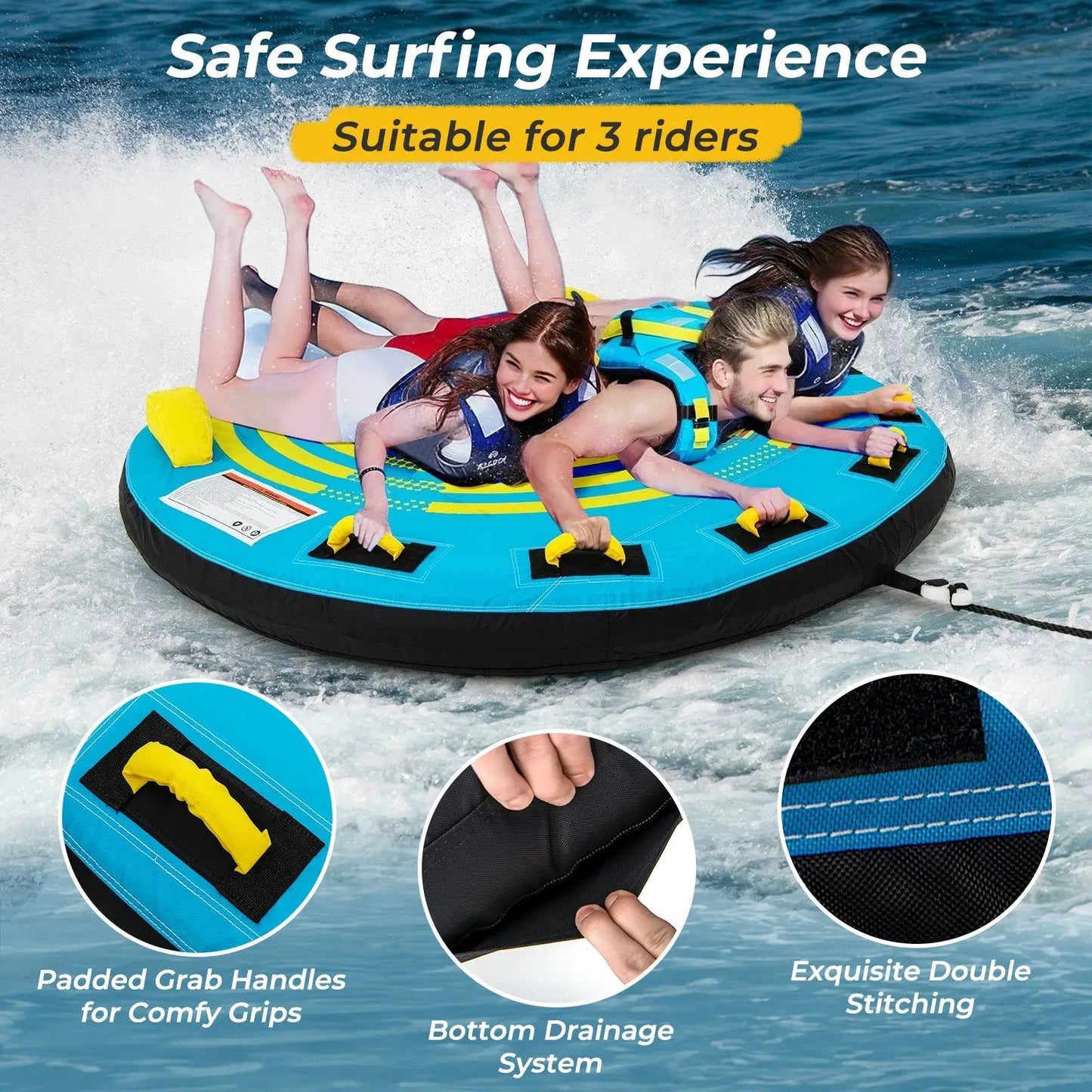 3-Person inflatable towable tube, blue with yellow grab handles and black bottom by DirectDeals on Tampa Home & Garden Store