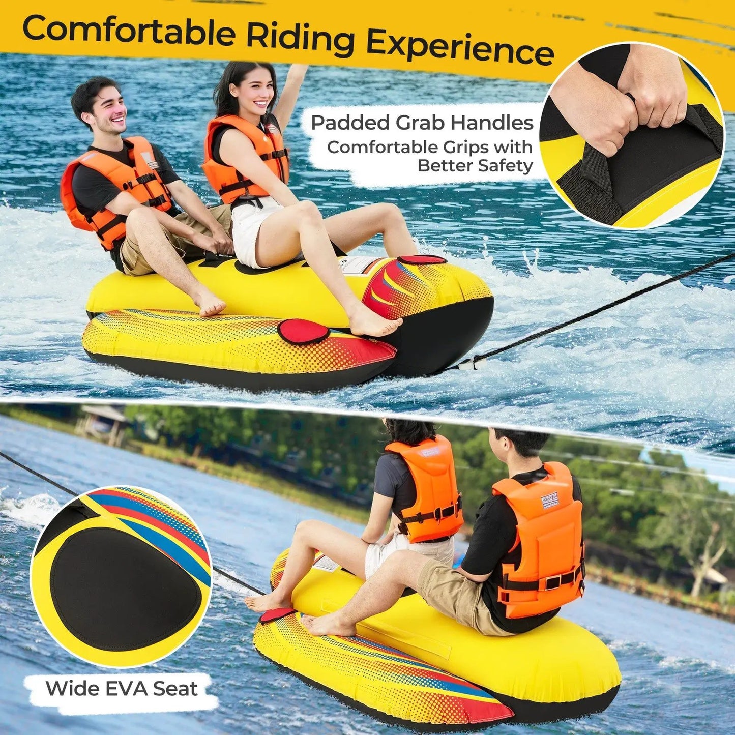 Inflatable Banana Boat Towable for One or Two with padded grab handles and EVA seat, two riders on Tampa Home & Garden Store