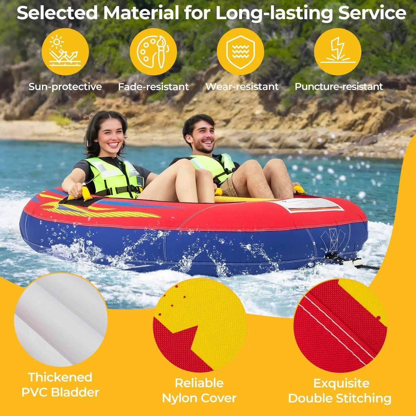Inflatable towable tube for boating, 1-2 person capacity, red/blue with drainage on water on Tampa Home & Garden Store