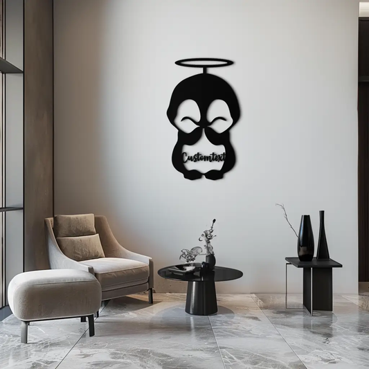 Personalized angel penguin modern metal wall art with halo and custom text on belly on Tampa Home & Garden Store
