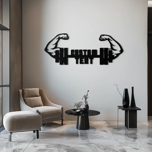 Personalized Fitness Barbell Metal Wall Art – Custom Text Muscular Arms Black Steel Decor for Gym and Workout Spaces- KAF448 - Tampa Home & Garden Store