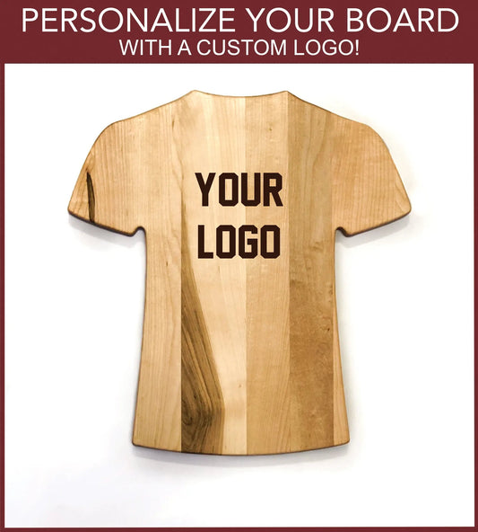 Natural wood jersey-style cutting board in shirt shape with YOUR LOGO text on it on Tampa Home & Garden Store