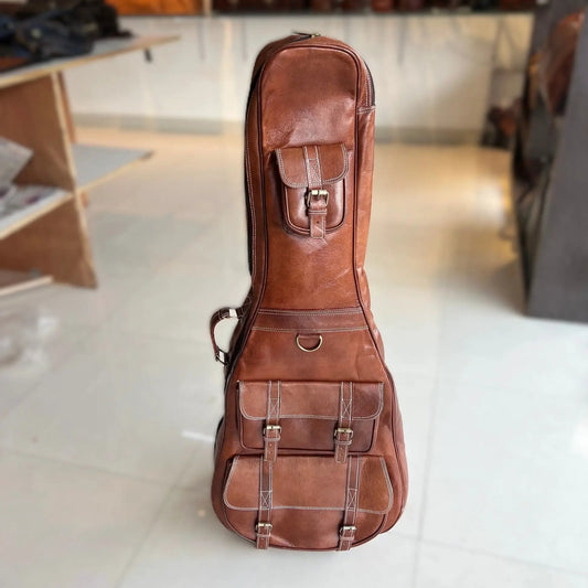 Personalized leather guitar case, brown with front pocket and buckle straps on Tampa Home & Garden Store