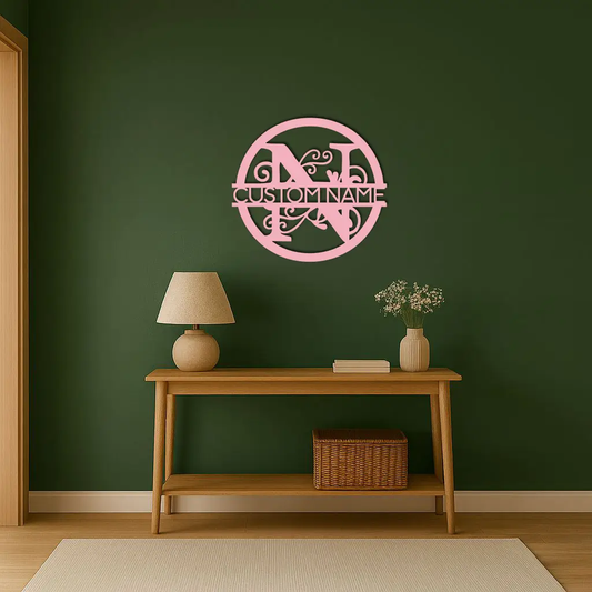 Personalized Monogram Metal Wall Art Round Sign in pink with decorative initials on Tampa Home & Garden Store
