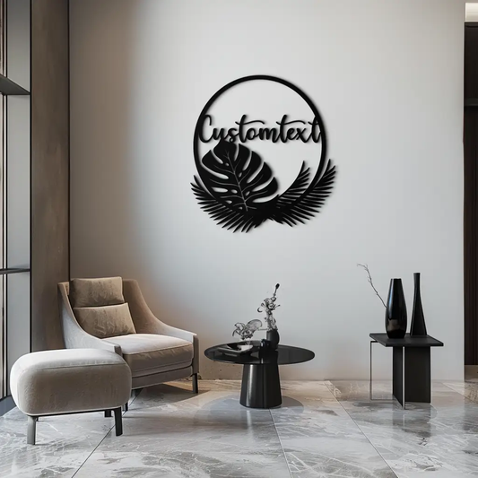 Tropical Leaves Metal Wall Art with Custom Text in circular black steel frame for modern decor on Tampa Home & Garden Store