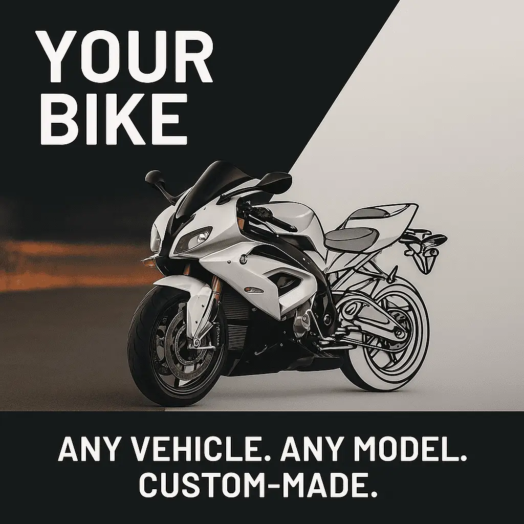 Personalized motorcycle metal wall art by Modello Turbo, white sportbike graphic on Tampa Home & Garden Store