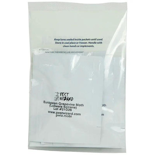 Pest Wizard European Grapevine Moth Lure 3-Pack in clear packaging with white sachets on Tampa Home & Garden Store