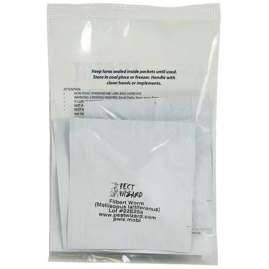 Pest Wizard Filbert Worm Lure 3-Pack in clear sealed pouch with white packets on Tampa Home & Garden Store