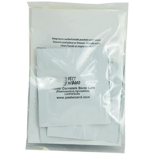 Pest Wizard Lesser Cornstalk Borer Lure 3 Pack sealed lure packets in clear bag pest control on Tampa Home & Garden Store