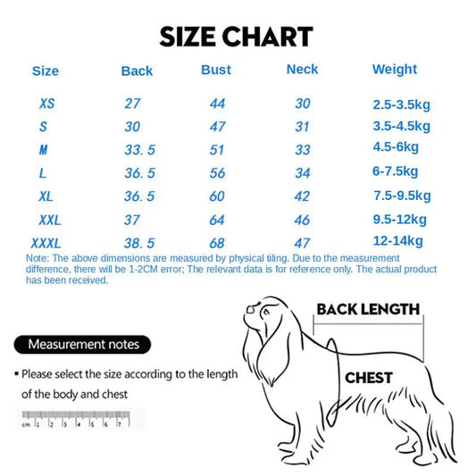 Pet Silk Duck Pajamas size chart for pets showing back, bust, neck and weight on Tampa Home & Garden Store