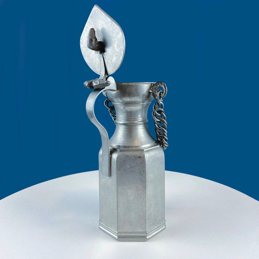 Pewter tankard jug with ram head lid and chain, metal finish on Tampa Home & Garden Store