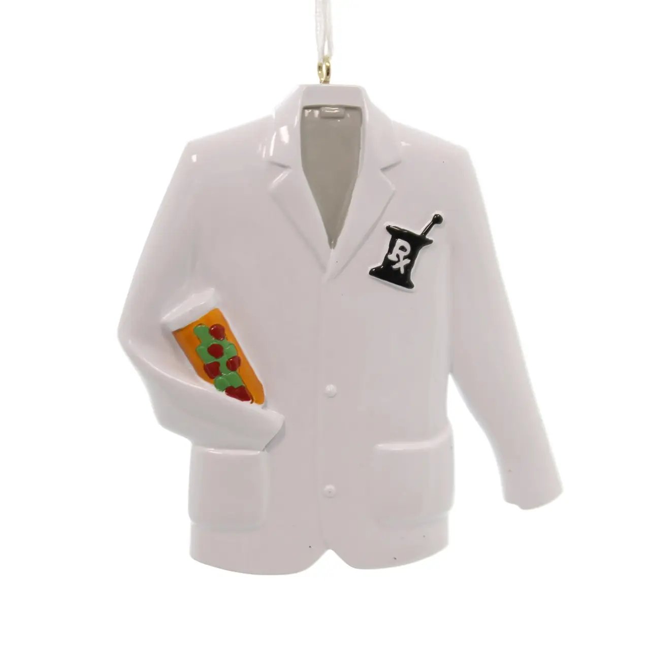 Pharmacist jacket ornament white coat with Rx symbol and pizza slice in pocket on Tampa Home & Garden Store