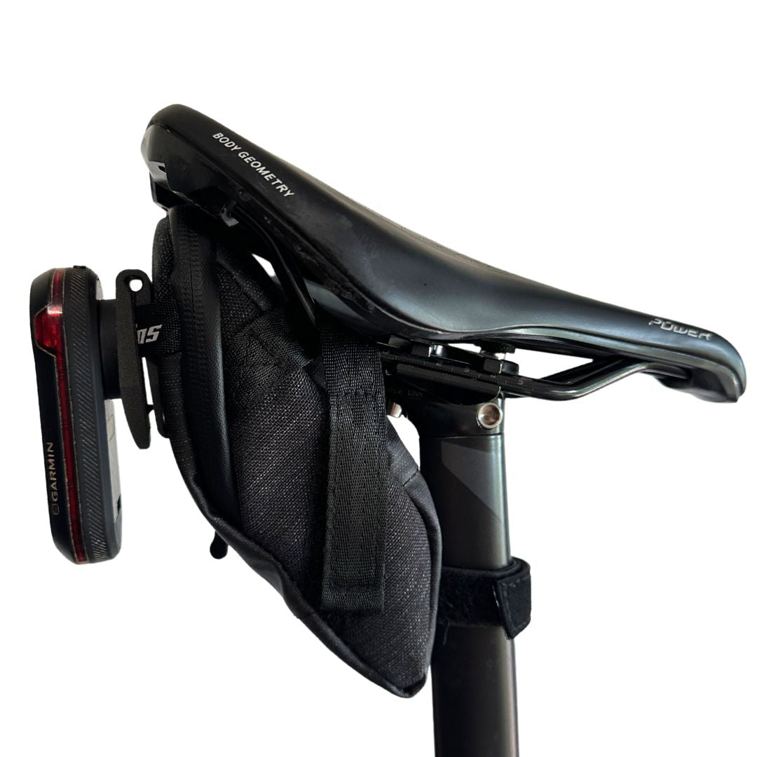 Radar Clip Mount for Saddle Bags KOM Cycling on black saddle with Garmin radar device on Tampa Home & Garden Store