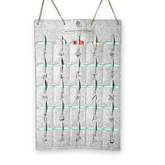 Bagby classroom phone organizer board with multiple teal pockets on gray felt on Tampa Home & Garden Store