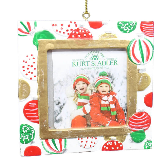 Kurt Adler Photo Frame Ornament Set with gold frame and festive holiday print for Christmas on Tampa Home & Garden Store