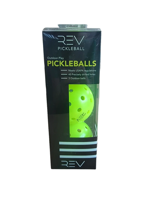 REV Pickleball Pro Pack Pickleballs box with neon yellow outdoor balls (3) on Tampa Home & Garden Store