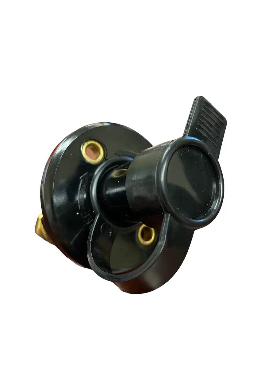 Keyed battery cut-off switch, black plastic housing with brass terminals, two-keyed design on Tampa Home & Garden Store