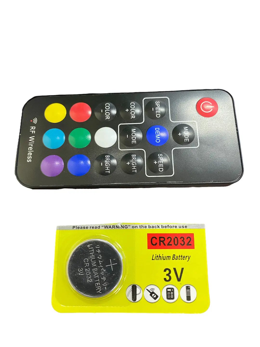 Replacement RGB LED Whip remote control with multicolor buttons and CR2032 battery on Tampa Home & Garden Store