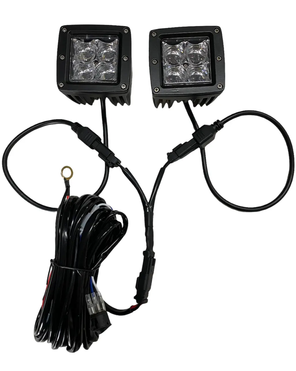 DT 2 Into 1 splitter kit from GGLighting with 2 black LED pods and harness cables on Tampa Home & Garden Store