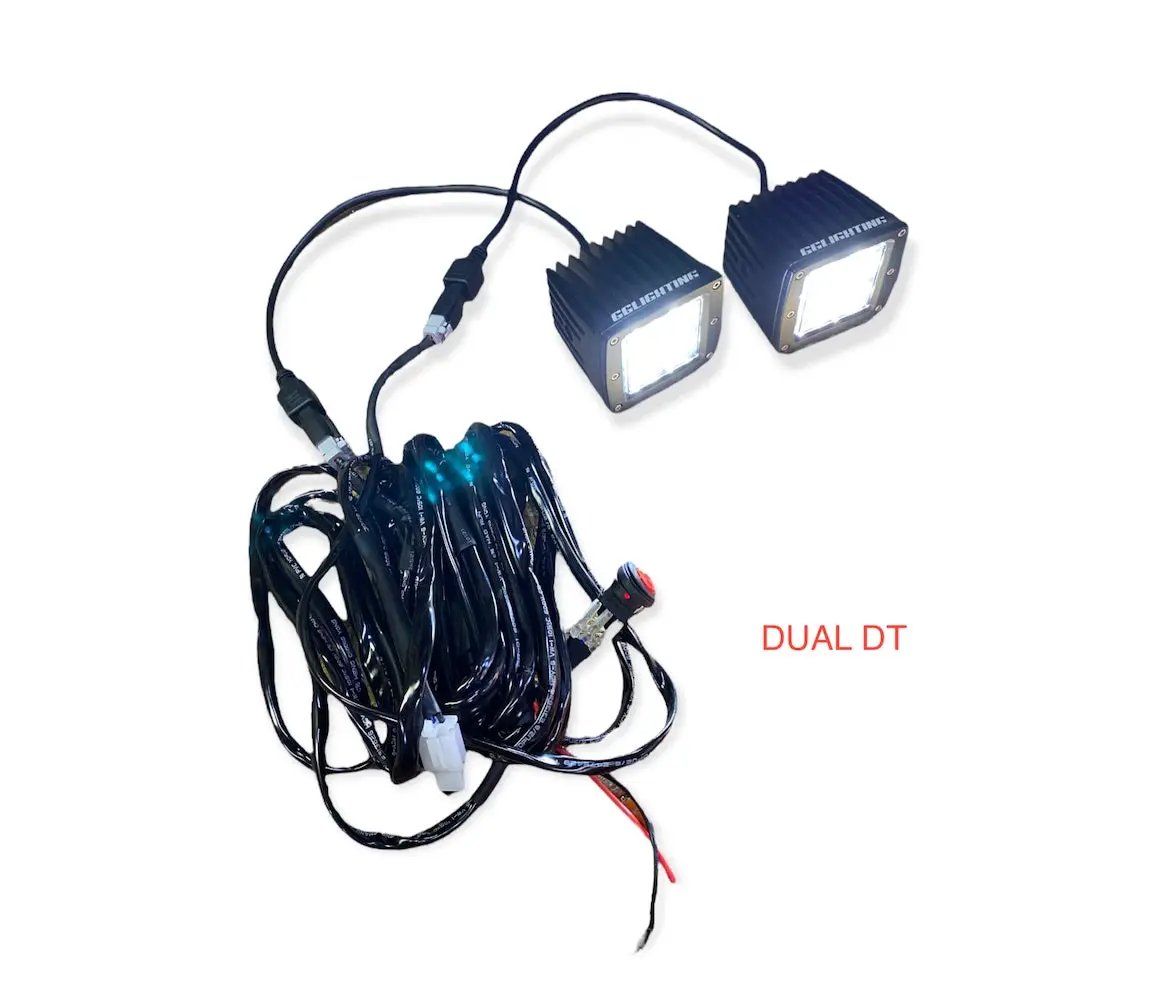 Dual Offroad Light Relay Harness with two LED square lights in blue anodized aluminum housings by GGLighting on Tampa Home & Garden Store