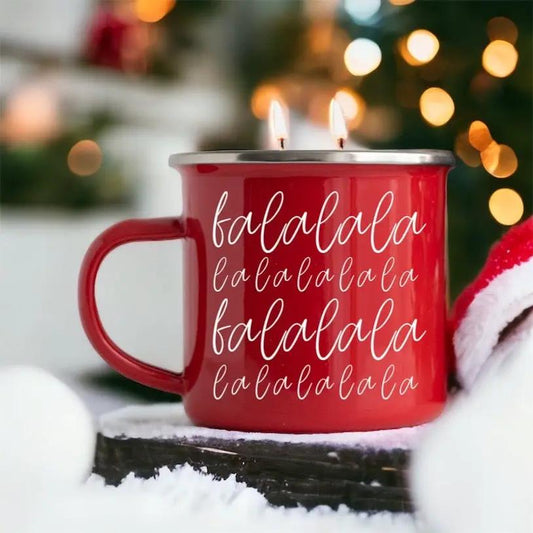 16oz Holiday Candle Mug red ceramic mug with white handwritten text and two wicks on Tampa Home & Garden Store
