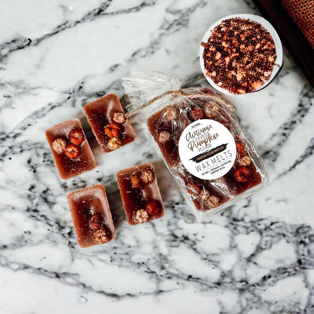 Gia Roma Autumn Pumpkin Pecan Waffles wax melts, five brown rectangular tarts with pecans on marble, clear bag on Tampa Home & Garden Store