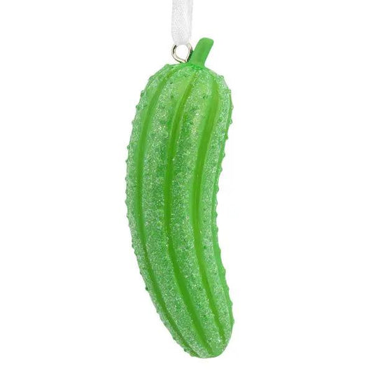 Glittery lime-green resin pickle ornament for Christmas tree with white ribbon hanger on Tampa Home & Garden Store
