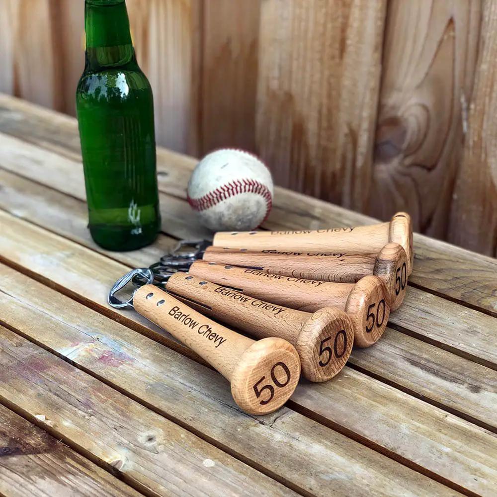 Wooden Pickoff Bottle Opener set with laser engraving, ends engraved 50, keyring attachment on Tampa Home & Garden Store