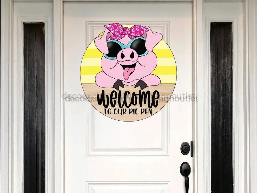 22-inch door hanger DecoExchange funny pig sign with pink pig and bow, sunglasses, welcome pen on Tampa Home & Garden Store