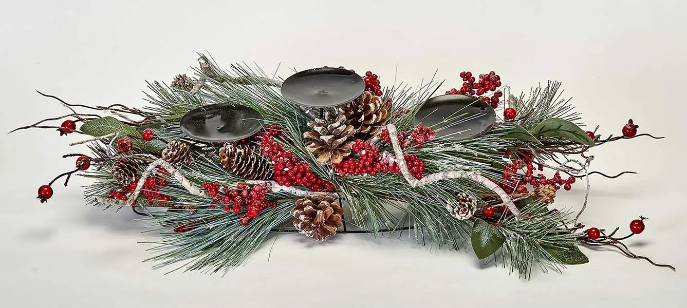 Pine and Berry Mantle Candle Holder with pine, red berries, pinecones and three black cups on Tampa Home & Garden Store