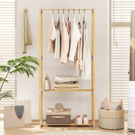 Pine wood clothes rack with 2-tier gray shelf, clothes on rod and folded textiles on shelf on Tampa Home & Garden Store