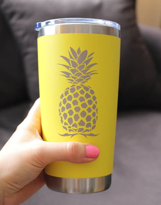 Pineapple 20 oz coffee tumbler with lid yellow with gray pineapple graphic on Tampa Home & Garden Store