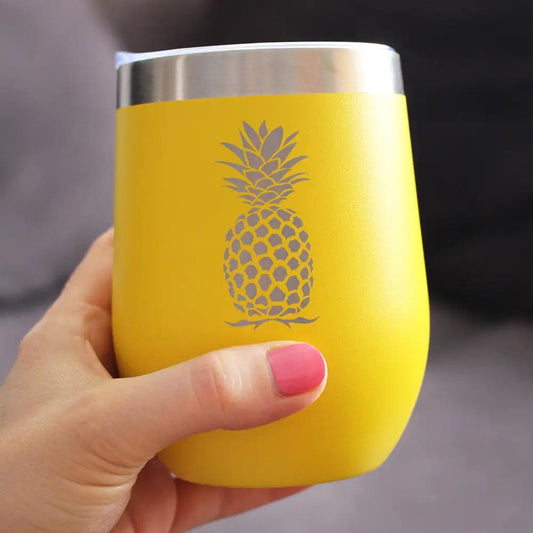 Pineapple wine tumbler bevvee 12oz insulated stemless yellow with silver rim on Tampa Home & Garden Store