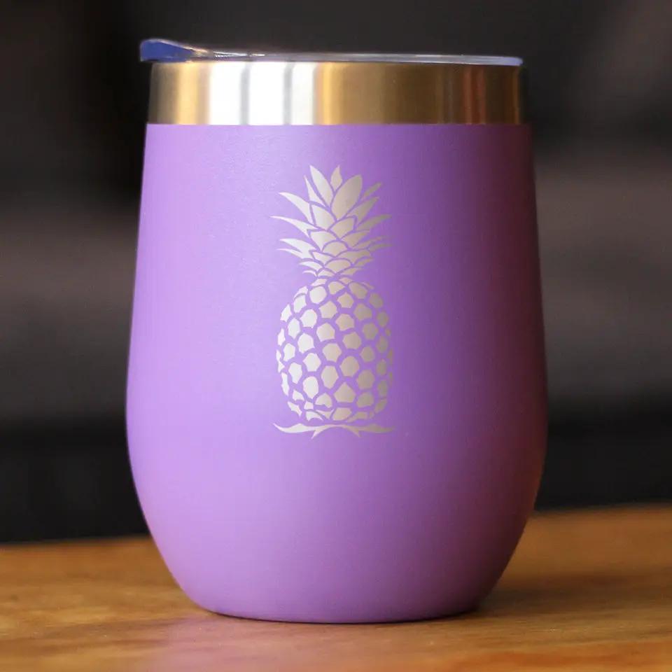 Pineapple Wine Tumbler 12oz, purple stemless with gold pineapple print on Tampa Home & Garden Store