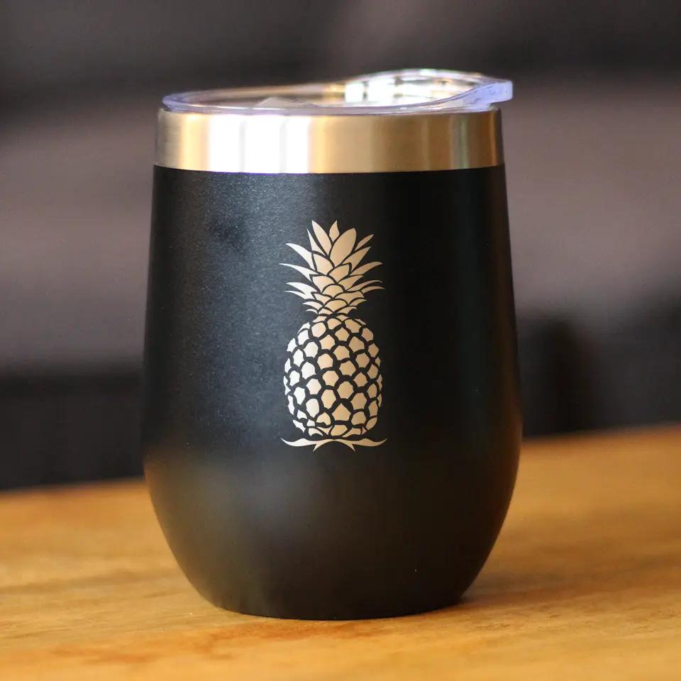 Pineapple wine tumbler insulated 12oz stemless bevvee black matte with white pineapple graphic on Tampa Home & Garden Store