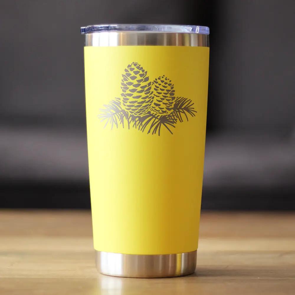 Pinecone coffee tumbler 20 oz in yellow with metal lid and base rustic cabin decor on Tampa Home & Garden Store