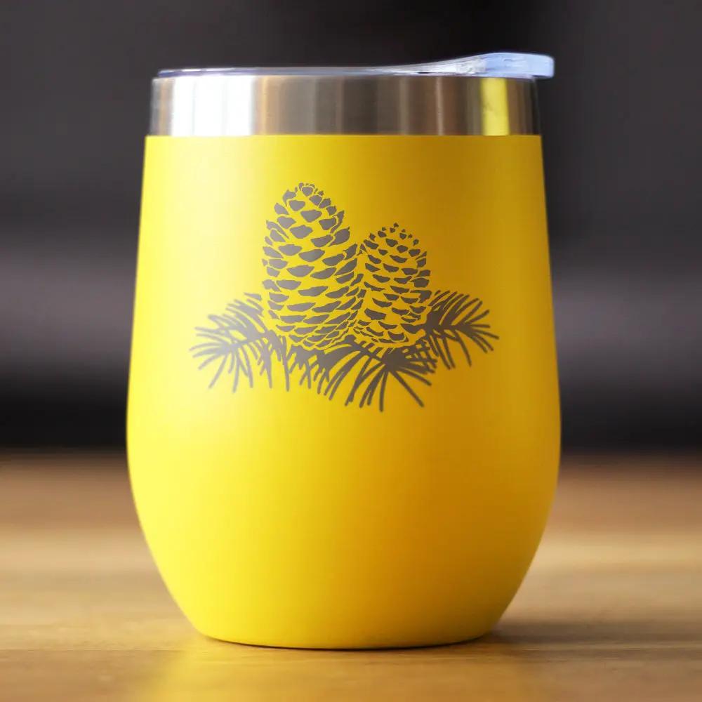 Pinecones Rustic Cabin Themed Wine Tumbler in yellow with pinecone motif on Tampa Home & Garden Store