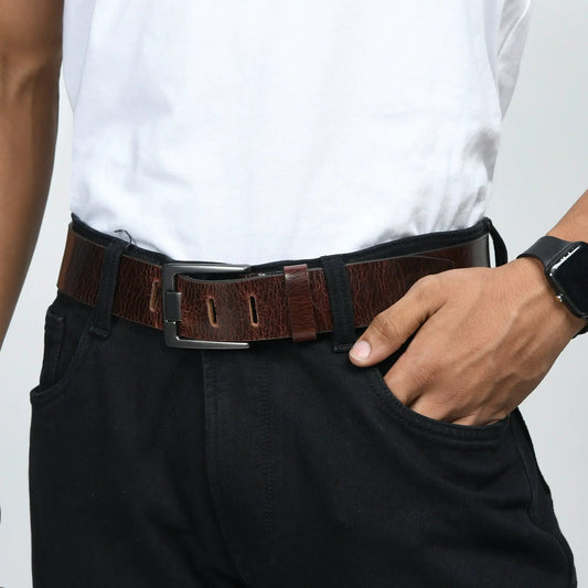 Pinecrest Dark Brown Leather Belt for Men with textured leather and metal buckle on Tampa Home & Garden Store