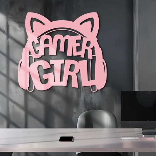 Pink gamer girl metal wall art headset design by Enova Art for girls' room decor on Tampa Home & Garden Store