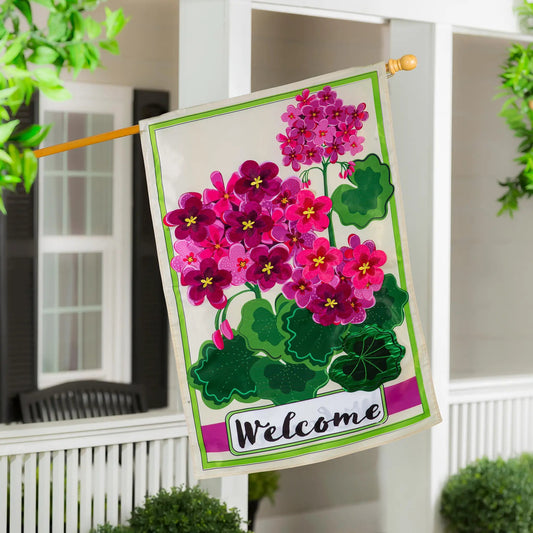 Pink Geranium Welcome Applique House Flag with green border by Evergreen Enterprises on Tampa Home & Garden Store