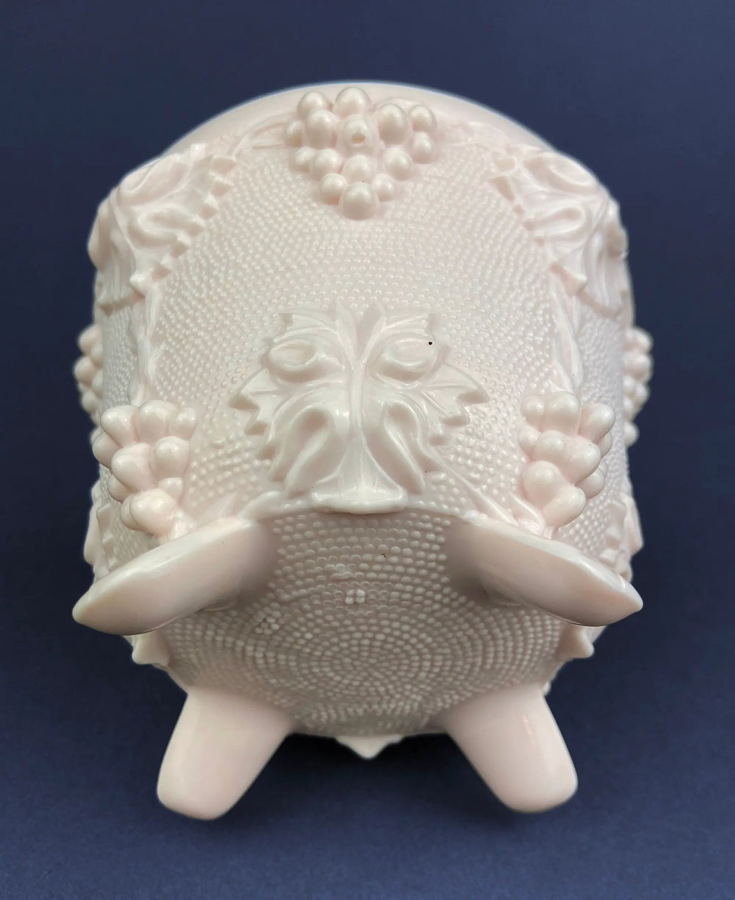 Pink milk glass jar with lid, grape vine motif, embossed floral detailing on Tampa Home & Garden Store
