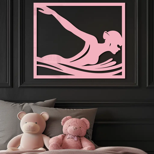 Pink swimmer woman silhouette metal wall art by Enova Art, girl power decor on black frame on Tampa Home & Garden Store