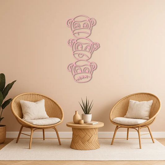 Pink Three Monkeys Metal Wall Art by Enova Art, stacked see-no-evil sculpture on Tampa Home & Garden Store