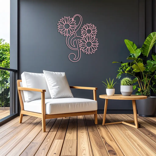 Pink treble clef with sunflowers metal wall art, pink floral music decor on dark wall on Tampa Home & Garden Store