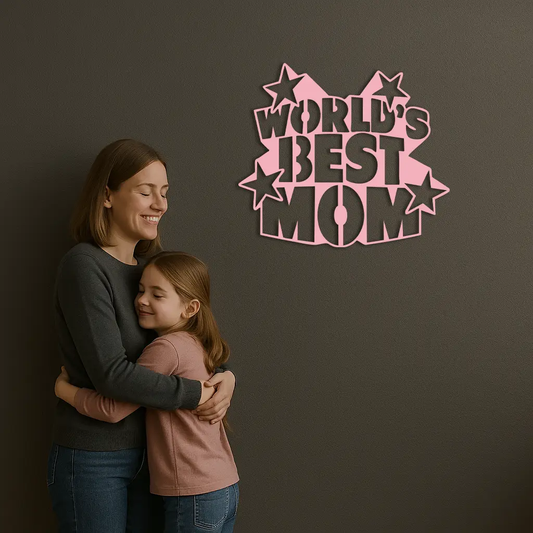 Pink World's Best Mom metal wall art with star design by Enova Art mounted on a dark wall beside a mother and daughter hug on Tampa Home & Garden Store
