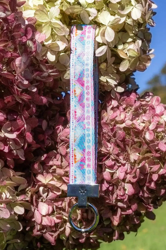 Wristlet keychain pastel pink and blue tribal print with fabric strap and metal ring Aria on Tampa Home & Garden Store