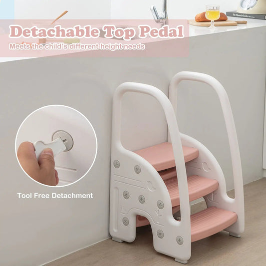 3 Step Stool with Handles and Non Slip Pedals, white frame and pink steps, tool-free detachment on Tampa Home & Garden Store
