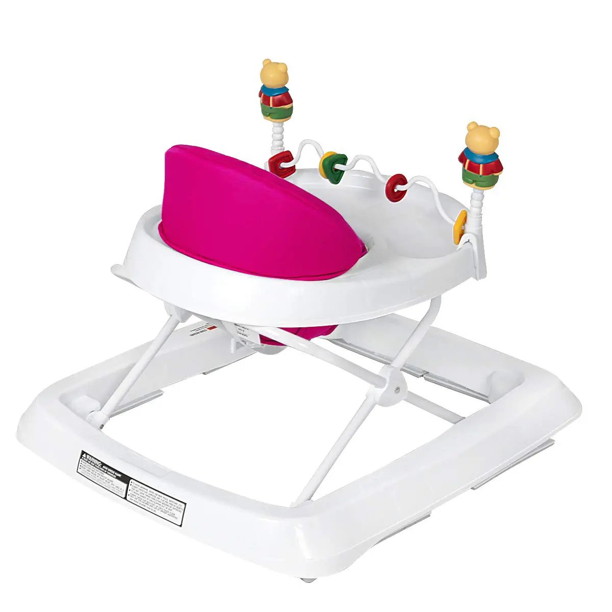 Adjustable Height Removable Portable Baby Walker with pink seat and white frame, bear toys on Tampa Home & Garden Store