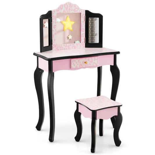 Kid vanity set (2-piece) with pink leopard print, folding mirror and matching stool on Tampa Home & Garden Store